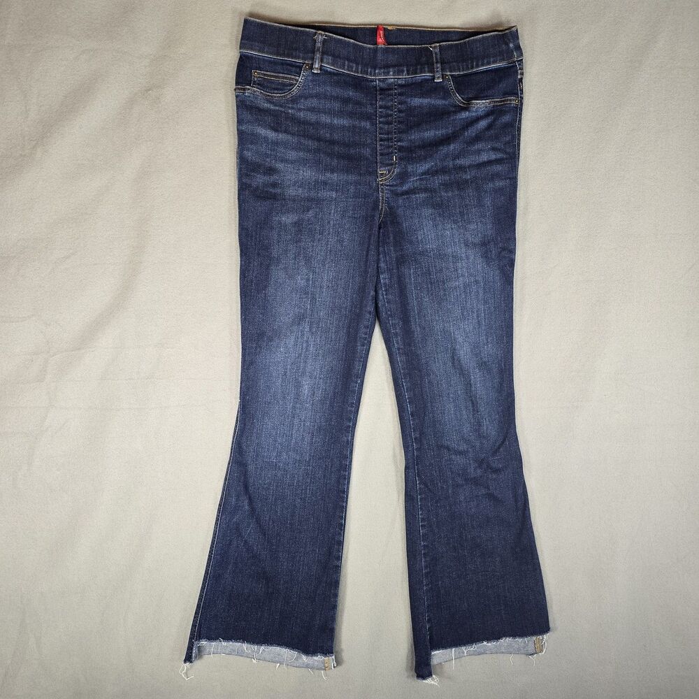 Spanx Flare Jeans Womens XL Tall Blue Dark Wash High Rise Raw Hem 20327T